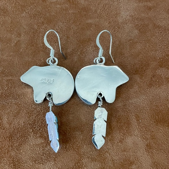 Native American Sterling Silver Turquoise Medicine Bear Earrings w/ Feathers - Picture 2 of 3